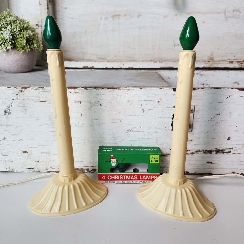 Pair Vintage Electric Window Christmas CandleStick Light, Plastic Drip Candle - Picture 1 of 10